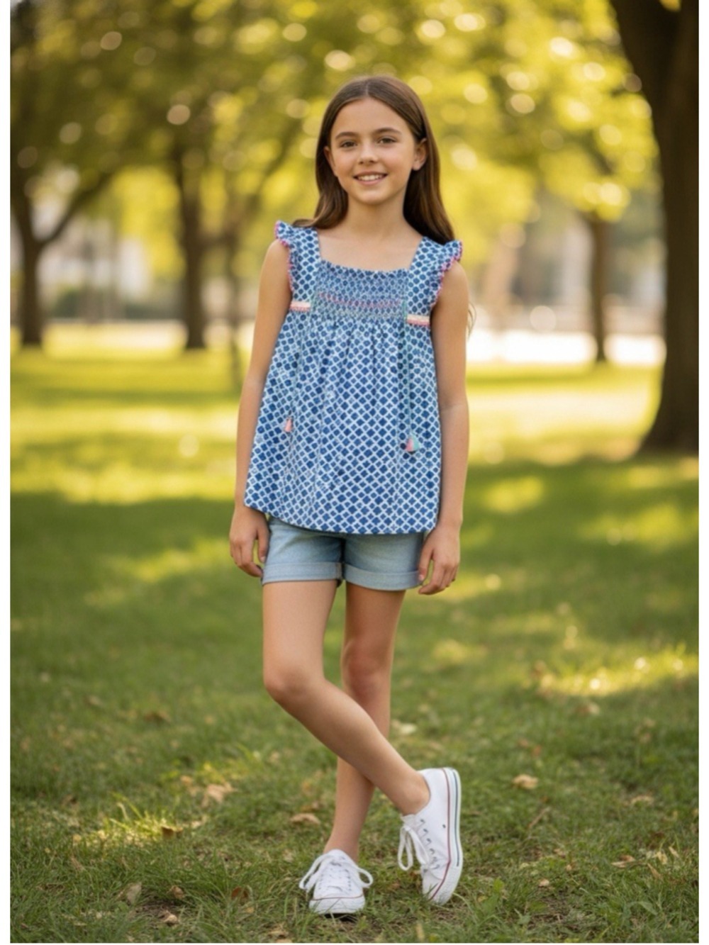 Matilda Jane Adventure Begins Hula Hoop Geometric Flutter Sleeve Smocked Top 14